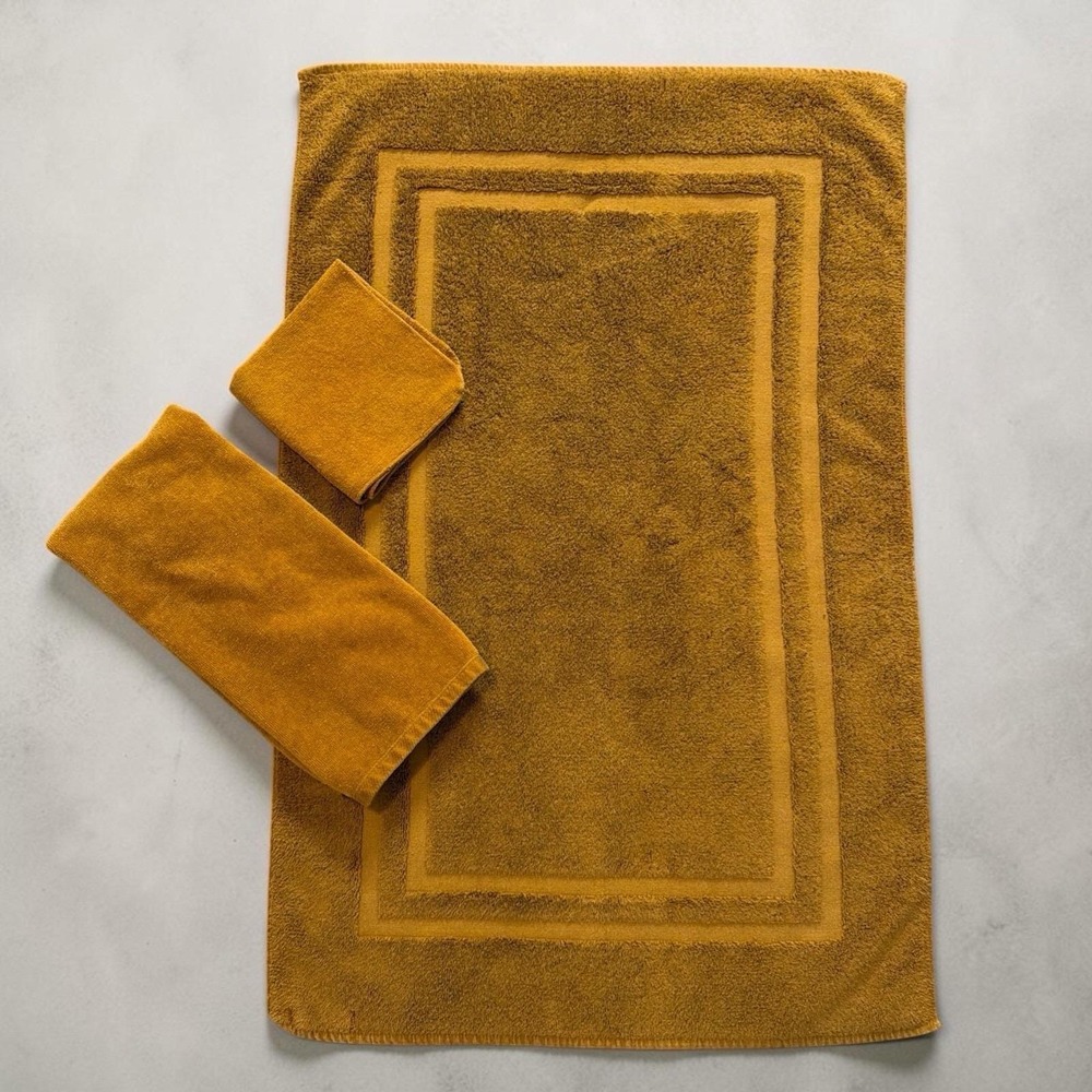 Vtg 70s Fieldcrest Hand Towel 3-pc bathmat set 100%‎ Cotton Gold Coordinates YSL